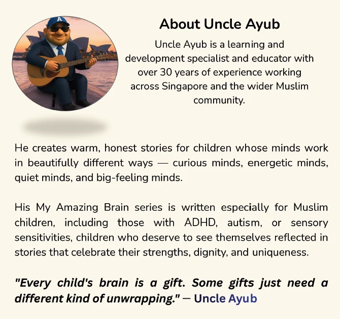 Illustrated portrait of Uncle Ayub with a guitar