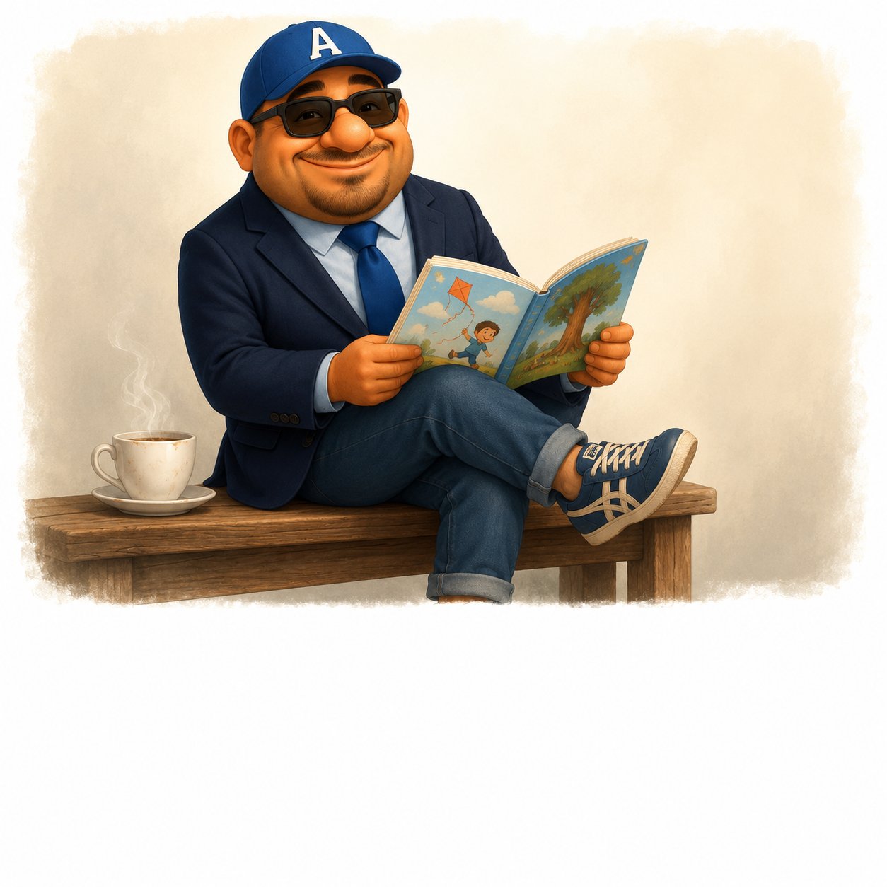 Uncle Ayub — sitting on a bench with a kopi and a book